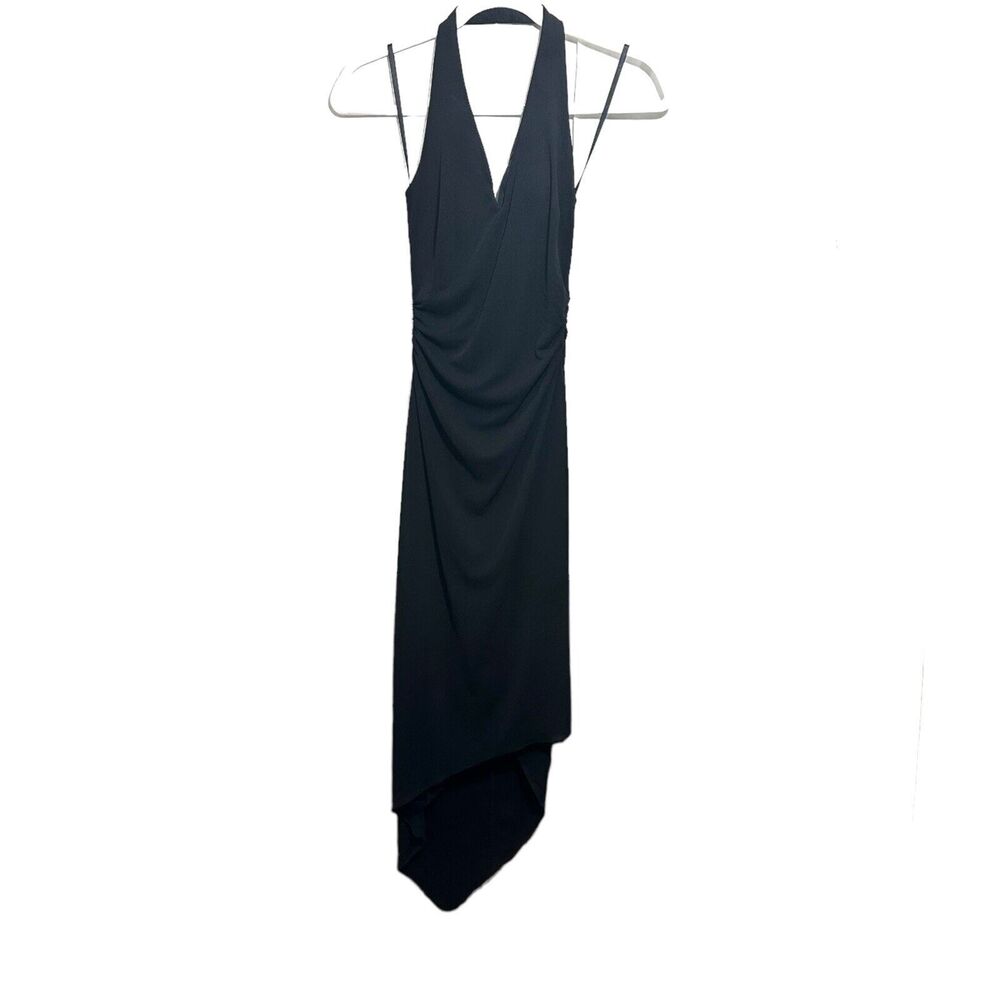 David Meister Sz 2 Black Halter Midi Dress Sleeveless Cocktail Party Asymmetric